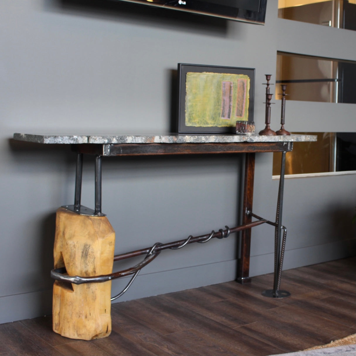 Mixed Metal Console w/ Dark Marble Top